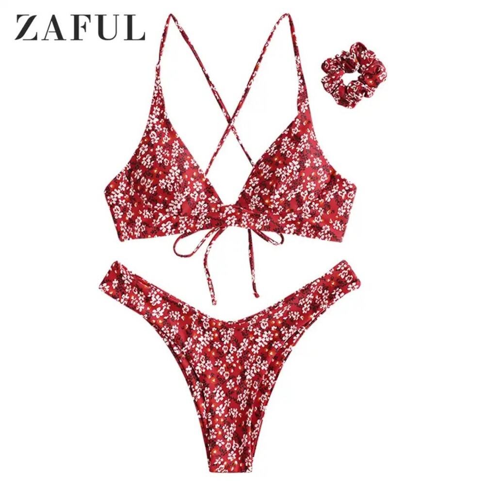 ZAFUL Red Ditsy Floral Print‎ Bikini Top Bottom Set Sz Small 4